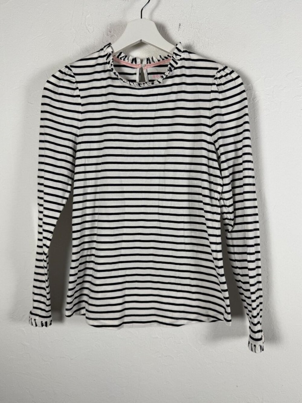 Boden Striped Long Sleeve Top Ruffle Collar Puff Shoulder Knit Blouse Size 4
